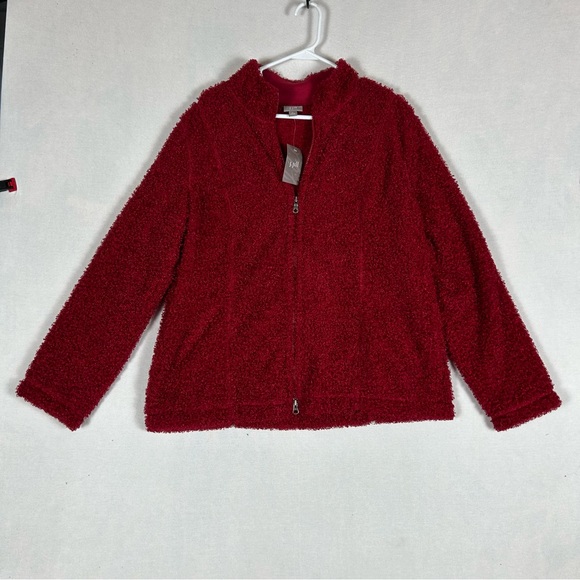 J Jill NWT Teddy Full Zip Up Sweater Women’s XL Ruby Red Textured Soft Cozy - Picture 1 of 11